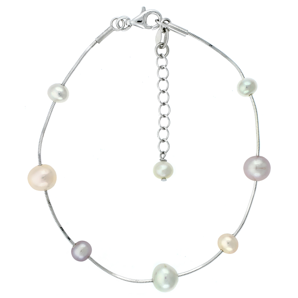 Sterling Silver Pearl Bracelet 7 mm and 5 mm Freshwater, 7.5 inch long + 1 in. Extension