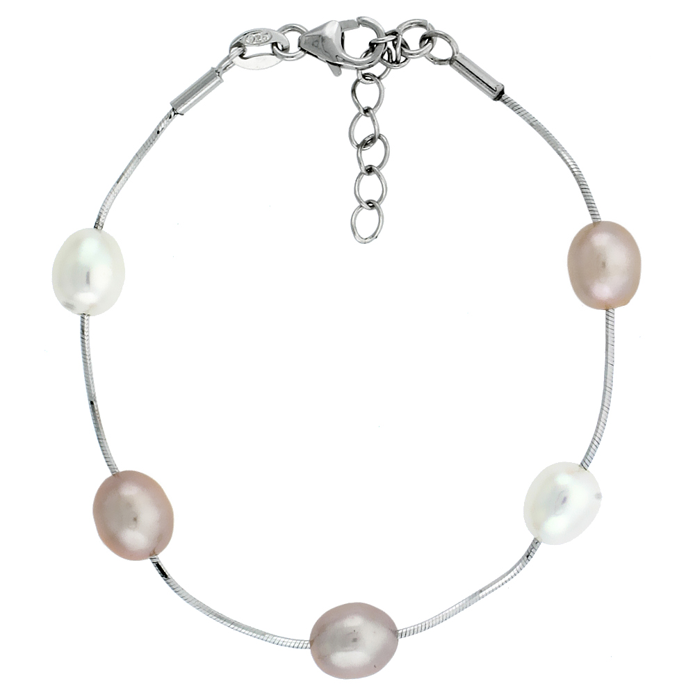 Sterling Silver Pearl Bracelet 8 mm Freshwater, 6.5 inch long + 1 in. Extension