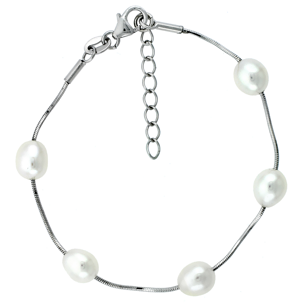 Sterling Silver Pearl Bracelet 8 mm Freshwater, 6.5 inch long + 1 in. Extension