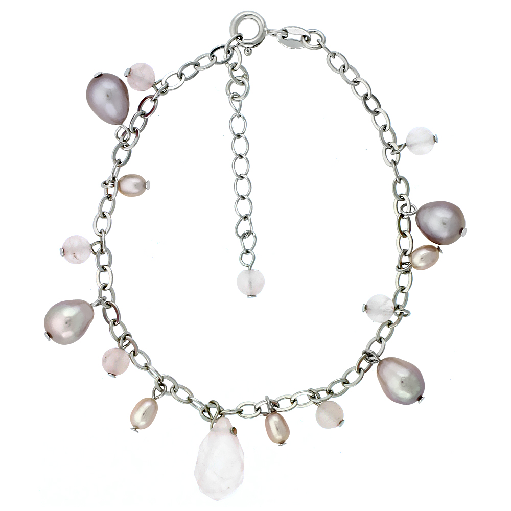 Sterling Silver Pearl & Rose-Quartz Bracelet 8 mm Freshwater & 4 mm Rose Quartz, 7.5 inch + 1 in. Extension