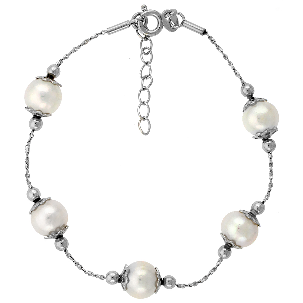 Sterling Silver Pearl Bracelet 8 mm Freshwater, 7 inch long + 1 in. Extension