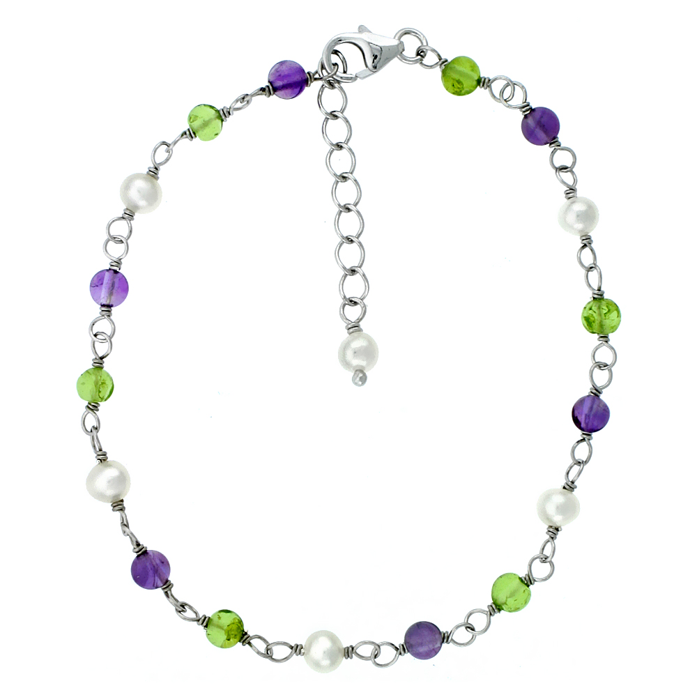 Sterling Silver Pearl, Amethyst and Peridot Beads Bracelet 4 mm Freshwater, 7 inch + 1 in. Extension