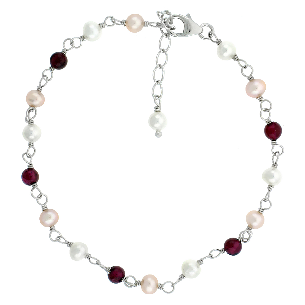 Sterling Silver Pearl & Garnet Beads Bracelet 4 mm Freshwater, 7 inch + 1 in. Extension