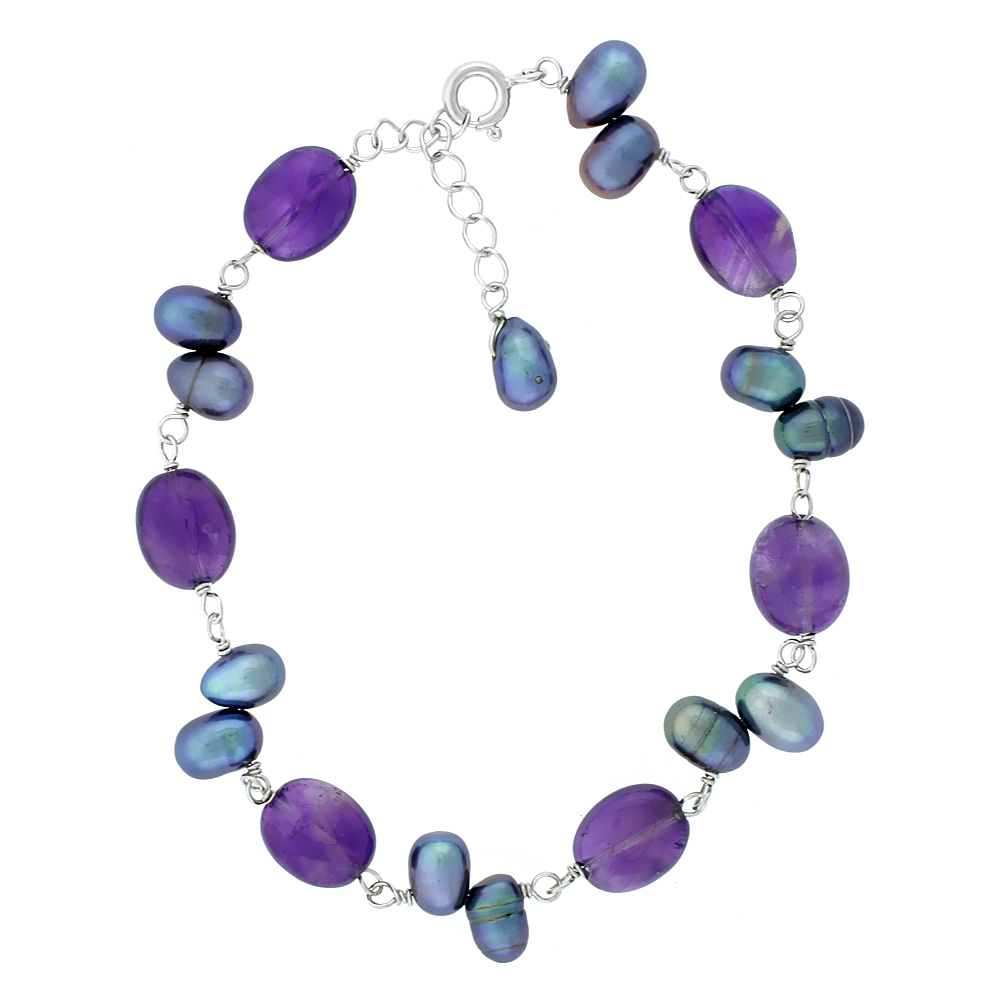 Sterling Silver Gray Pearl Bracelet 8.5 mm Freshwater, 7 inch + 1 in. Extension