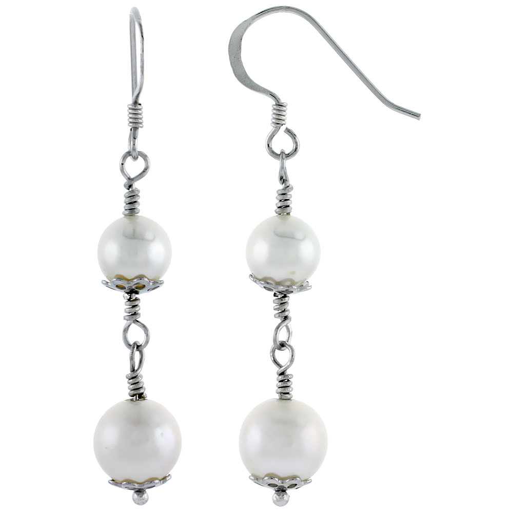 Sterling Silver Pearl Drop Earrings 7 mm Freshwater, 32 mm Long