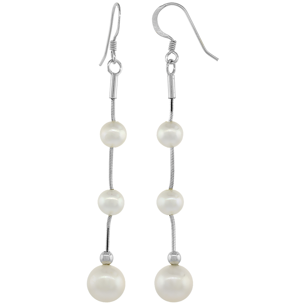 Sterling Silver Pearl Drop Earrings 6 mm Freshwater, 66 mm Long