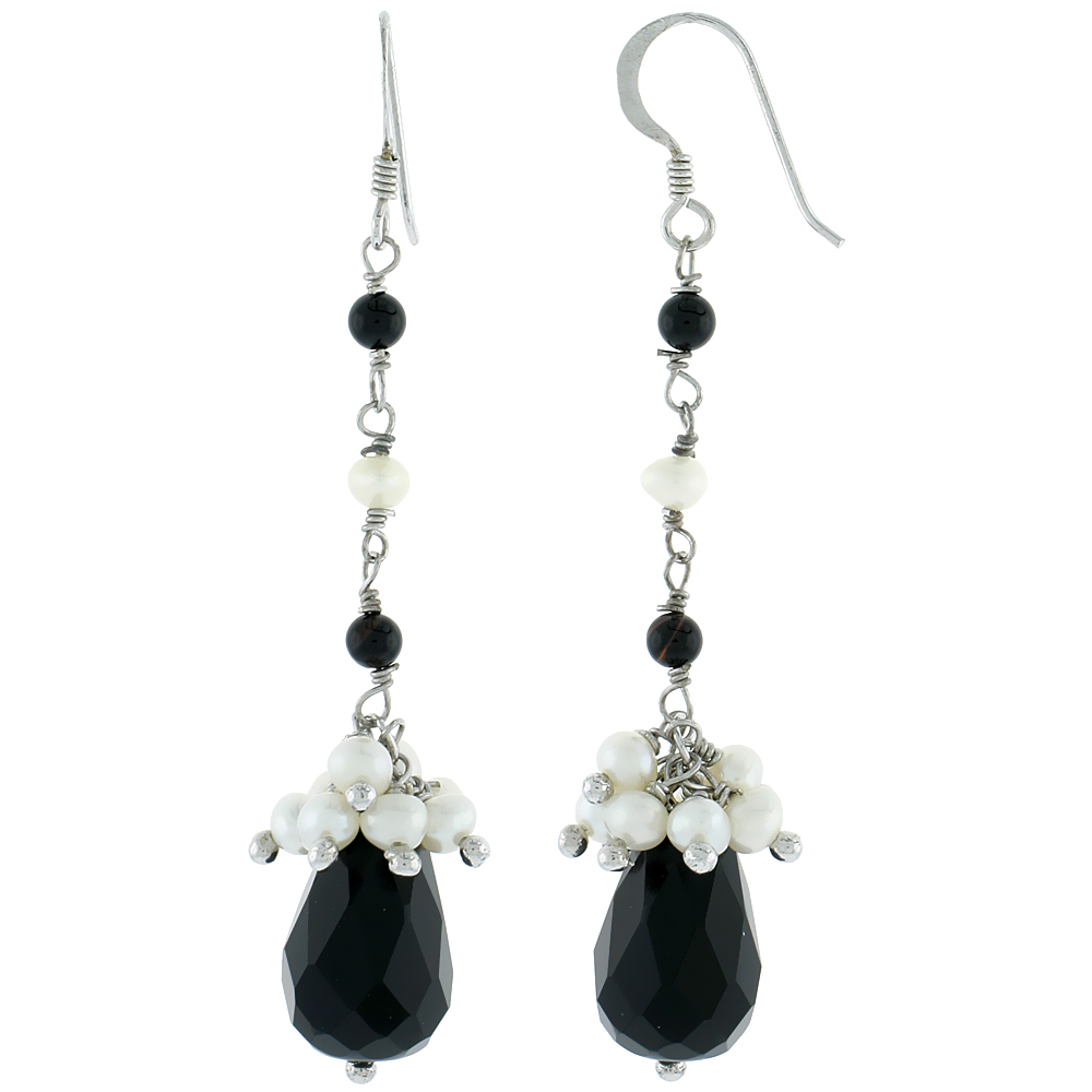 Sterling Silver Pearl & Onyx Drop Earrings 4 mm Freshwater , 68 mm Long