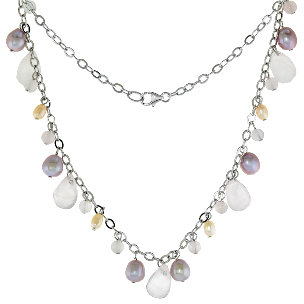 Sterling Silver Cultured Freshwater Pearl Rose Quartz Necklace for Women 16 inch