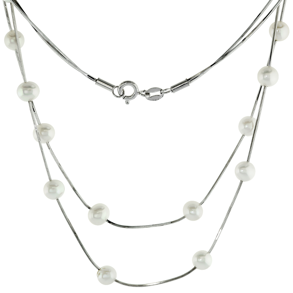 Sterling Silver Cultured Freshwater 2 Strand Layered 6mm Pearl Station Necklace for Women 16 inch