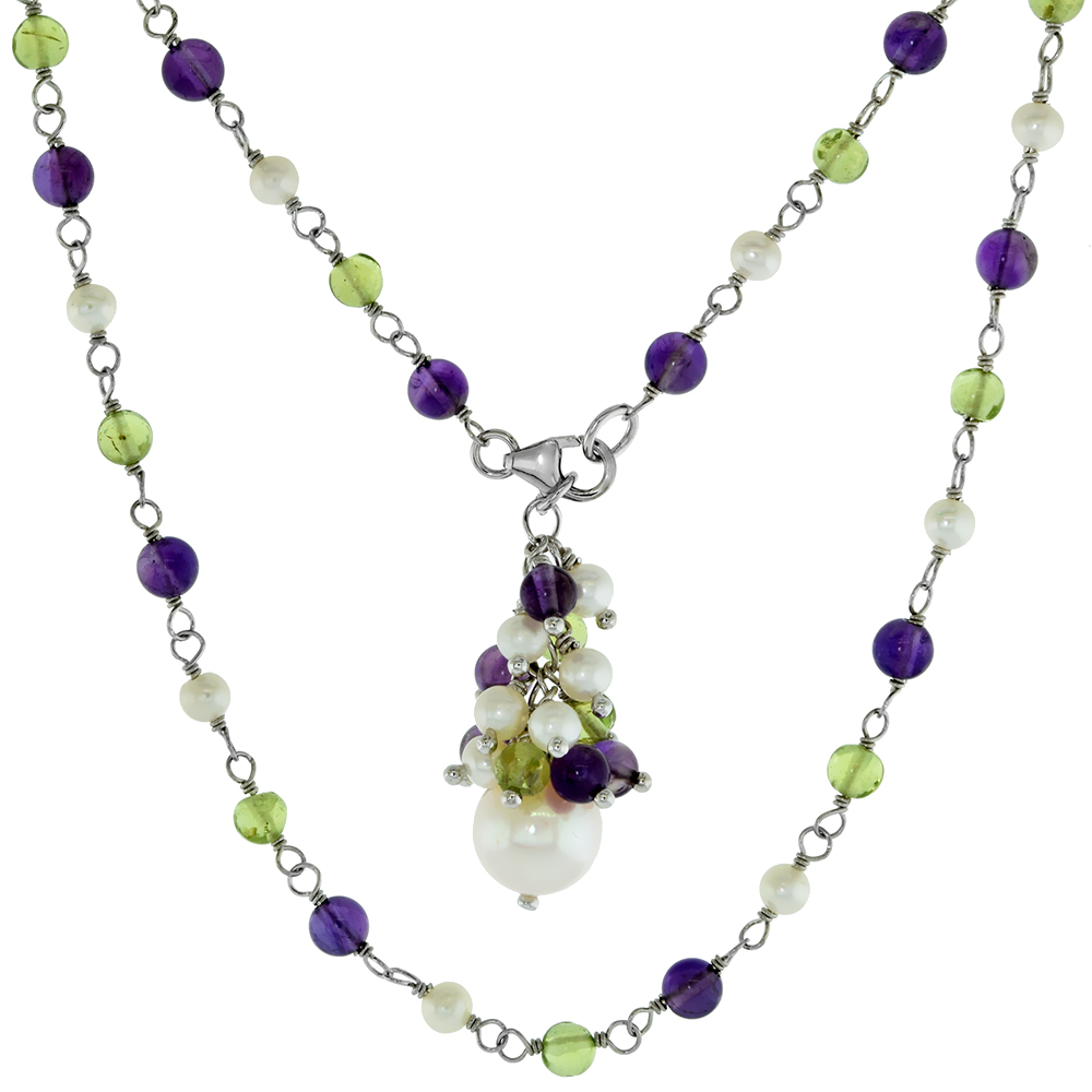 Sterling Silver Cultured Freshwater 4mm Yellow and White Pearl Necklace for Women with Amethyst and Peridot Bead Cluster 25 inch