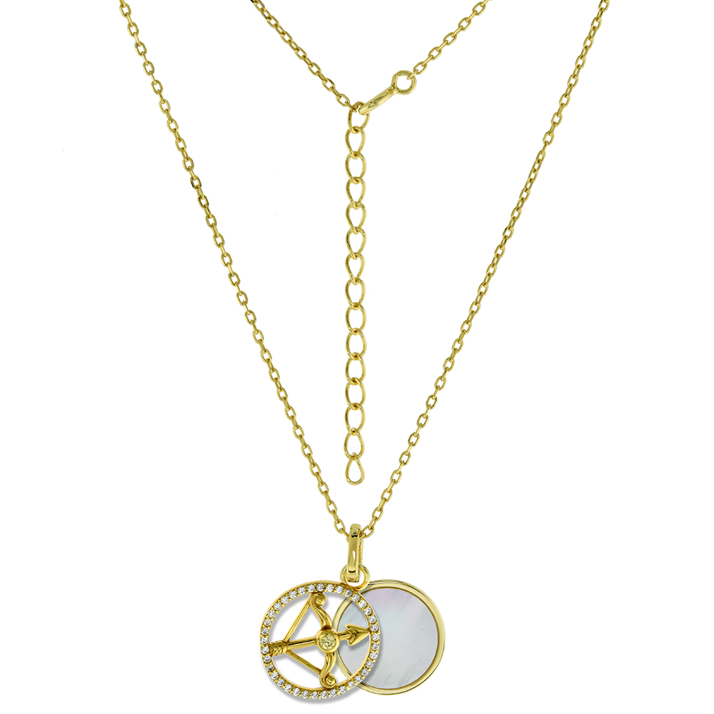 Gold Plated Sterling Silver CZ Mother of Pearl Archerï¿½(Centaur) Zodiac sign Sagittarius Necklace for Women Enhancer Bale 3/8 (15mm) Round 16 + 2 inch Extension