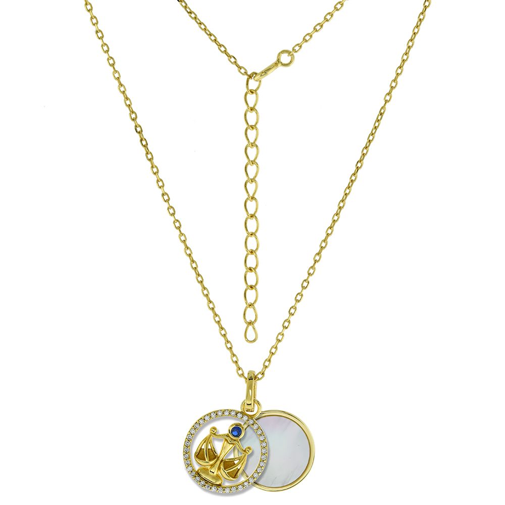 Gold Plated Sterling Silver CZ Mother of Pearl Scales Zodiac sign Libra Necklace for Women Enhancer Bale 3/8 (15mm) Round 16 + 2 inch Extension