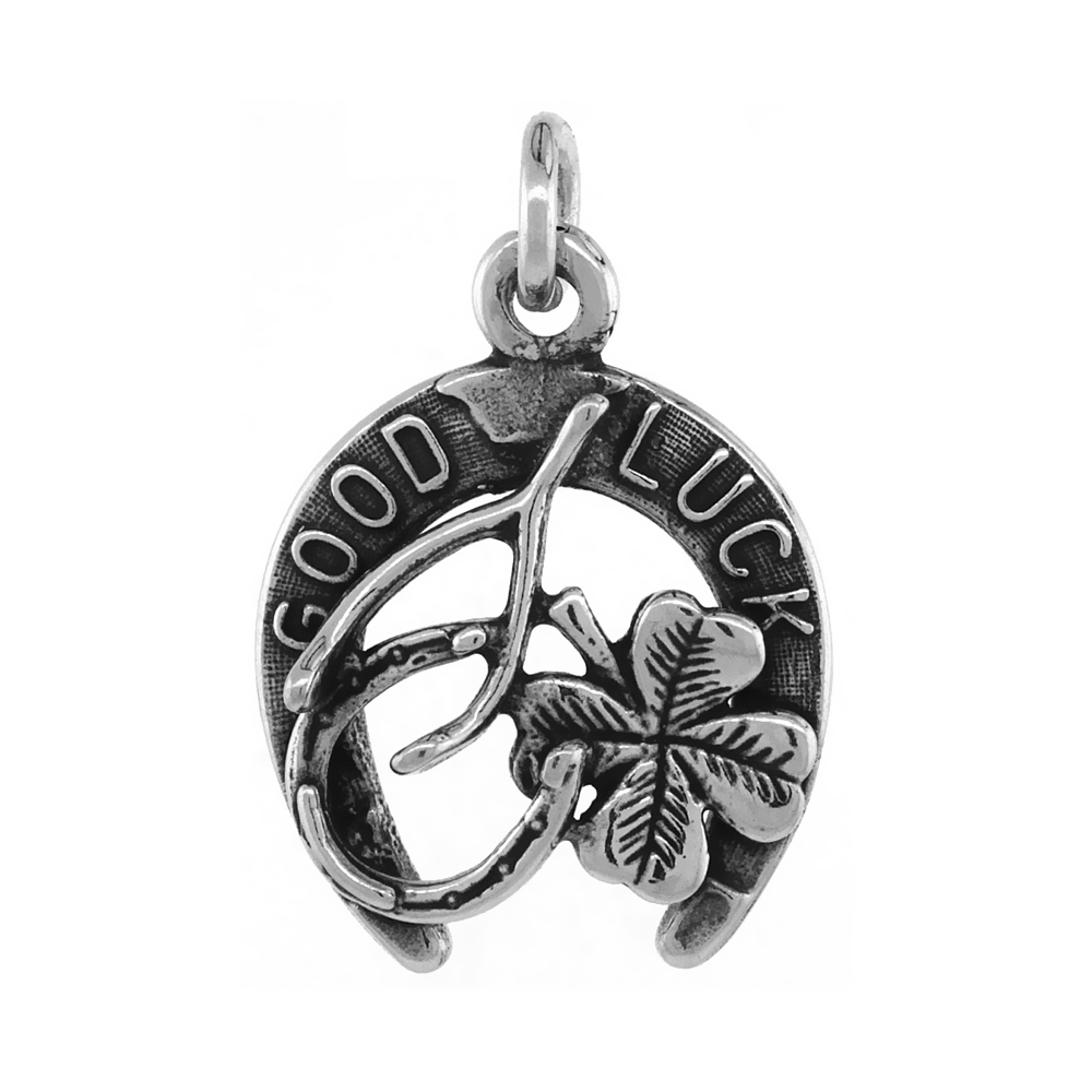 IRISH LUCKY CHARM PENDANT HORSESHOE CLOVER WISHBONE ANTIQUED FINISH 3/4 INCH
