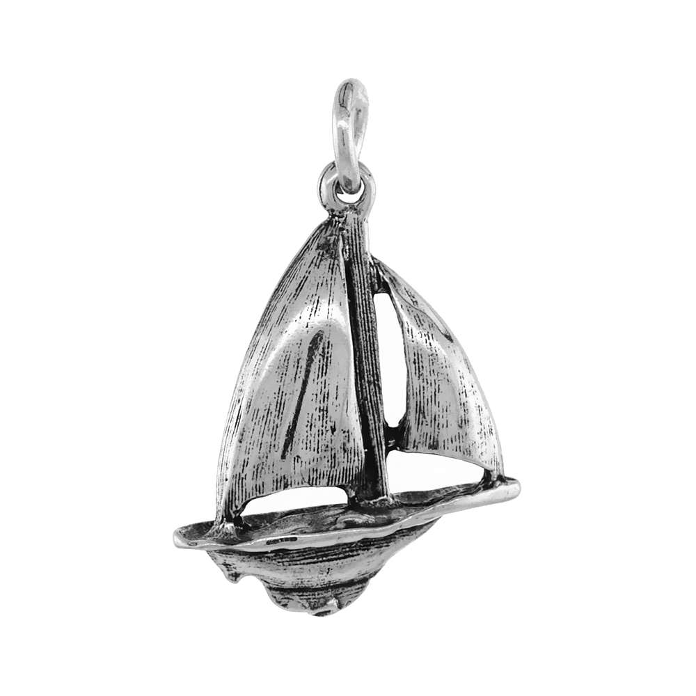 STERLING SILVER SAILBOAT PENDANT ANTIQUED FINISH 5/8 INCH
