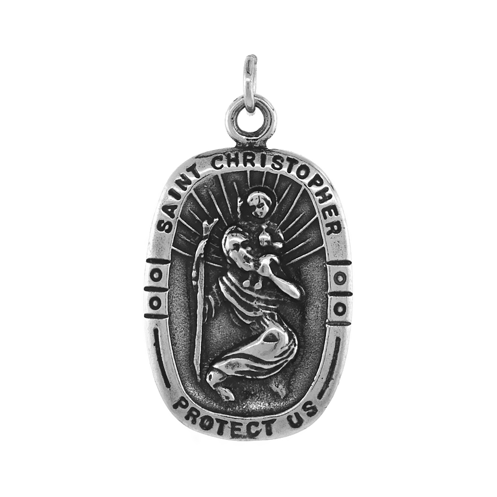 STERLING SILVER ST. CHRISTOPHER PENDANT ANTIQUED FINISH 3/4 INCH