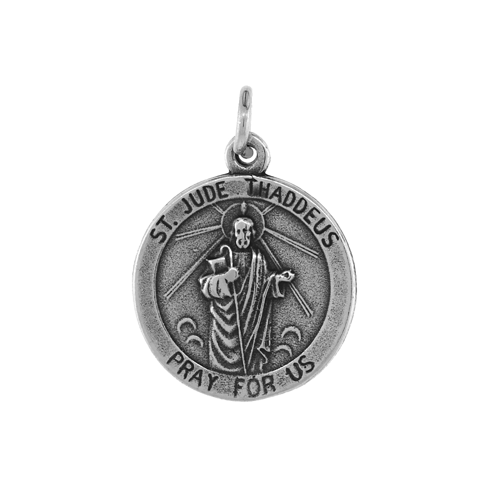 STERLING SILVER ST. JUDE PENDANT ANTIQUED FINISH NECKLACE 3/4 INCH