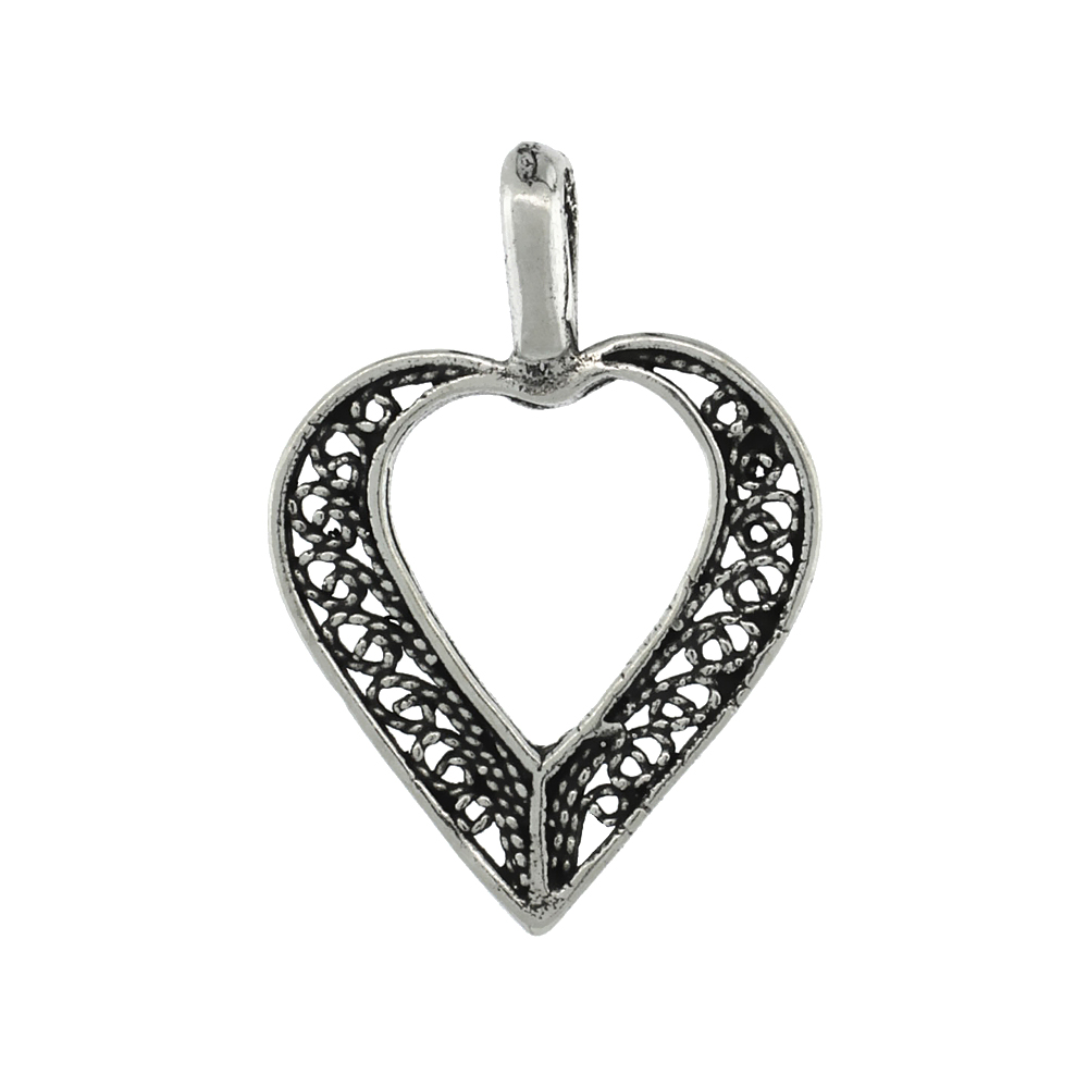 STERLING SILVER FILIGREE OPEN HEART PENDANT ANTIQUED FINISH 1 INCH