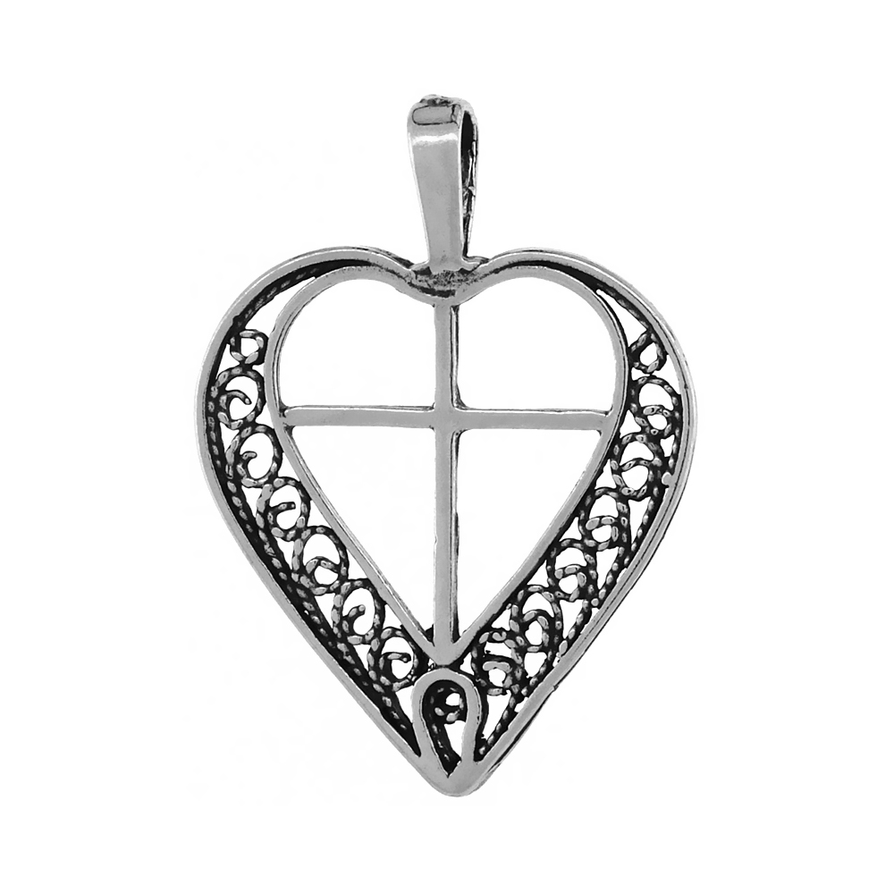 STERLING SILVER FILIGREE HEART WITH CROSS PENDANT ANTIQUED FINISH 1 1/16 INCH