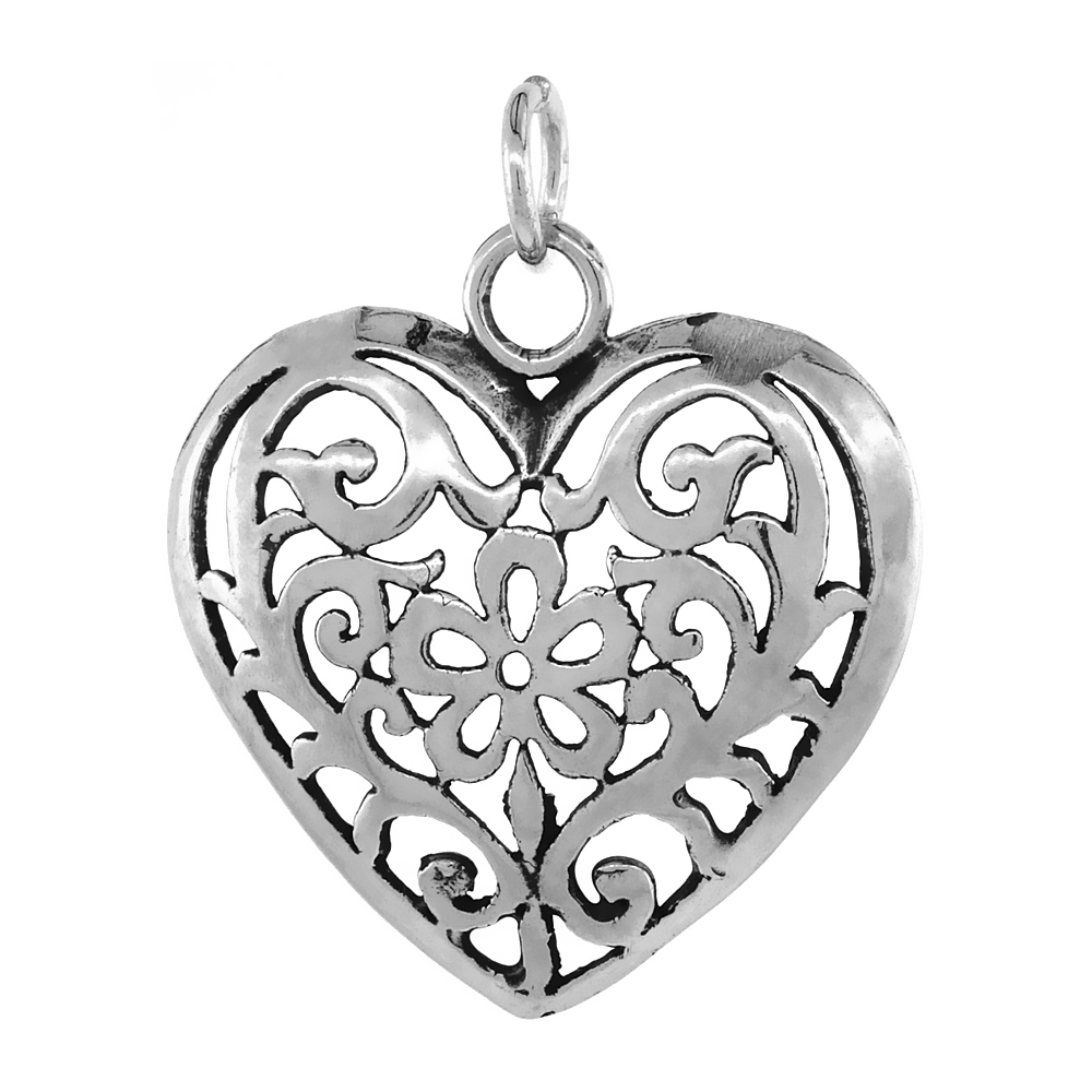 STERLING SILVER FILIGREE HEART PENDANT ANTIQUED FINISH 1 1/8 INCH