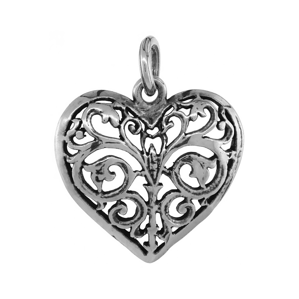 STERLING SILVER FILIGREE HEART PENDANT ANTIQUED FINISH 7/8 INCH