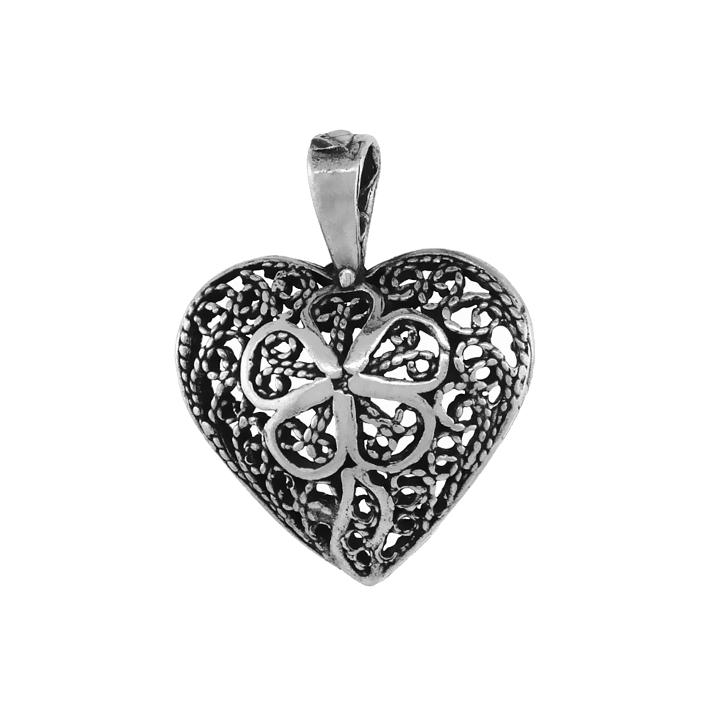 SMALL STERLING SILVER FILIGREE HEART PENDANT ANTIQUED FINISH 7/8 INCH