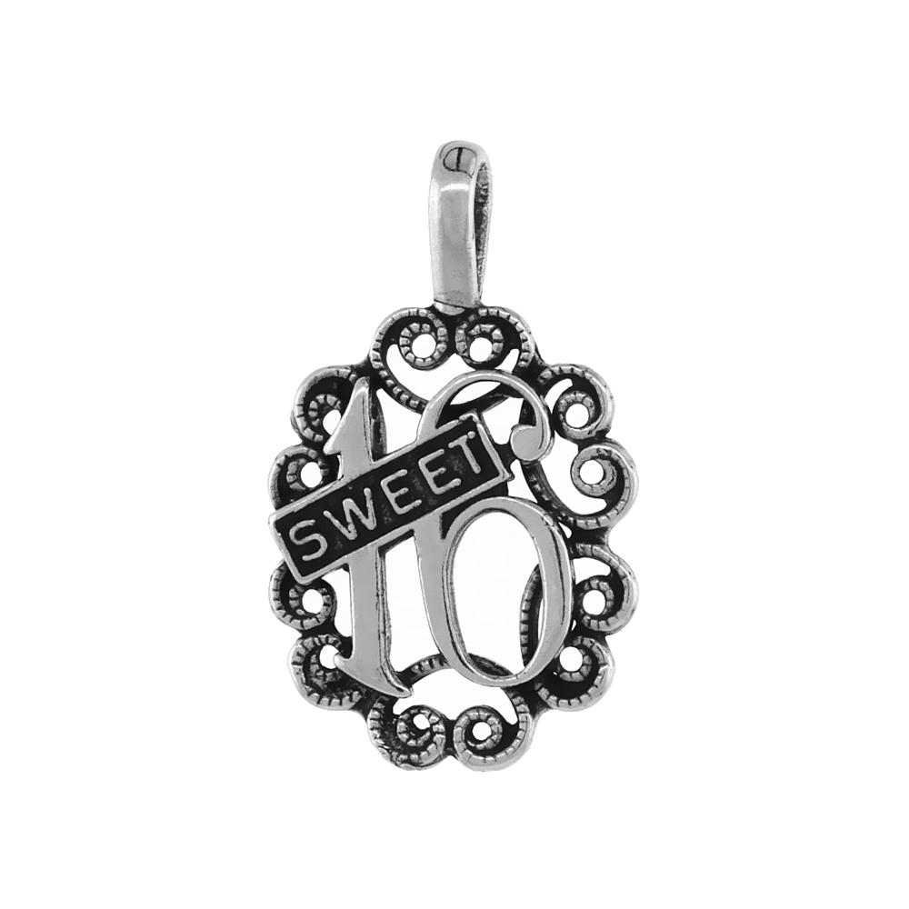 STERLING SILVER SWEET 16 PENDANT ANTIQUED FINISH 7/8 INCH