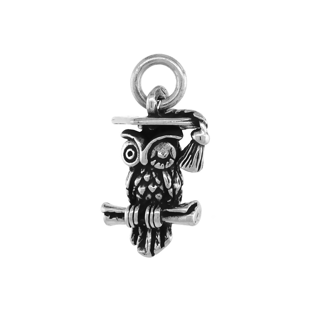 STERLING SILVER WISE OWL PENDANT ANTIQUED FINISH 5/8 INCH