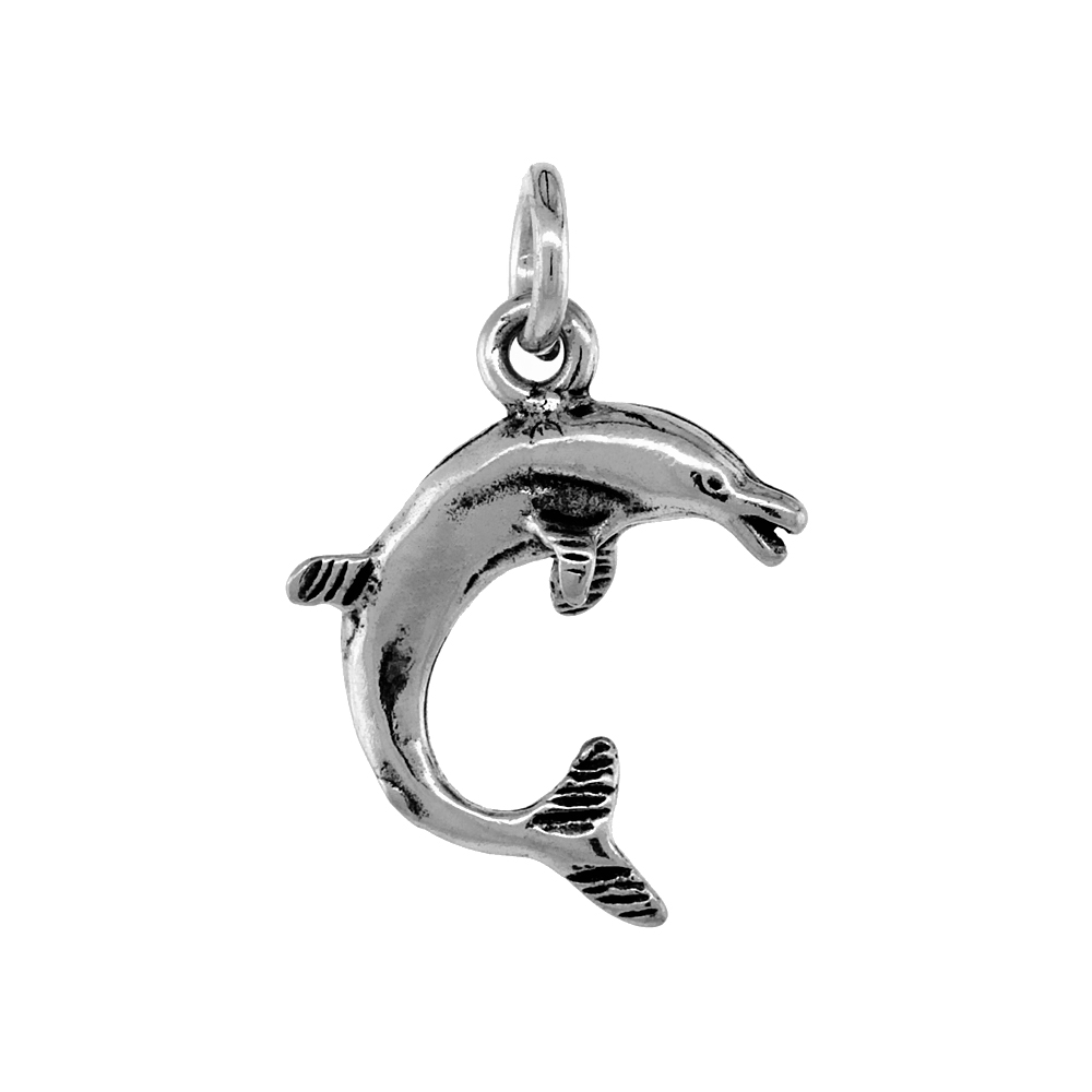 STERLING SILVER DOLPHIN PENDANT ANTIQUED FINISH 3/4 INCH