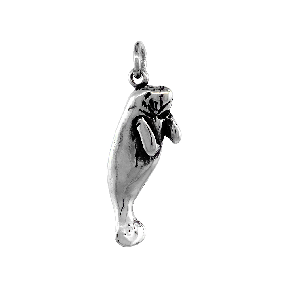 STERLING SILVER MANATEE PENDANT ANTIQUED FINISH NECKLACE 1 INCH