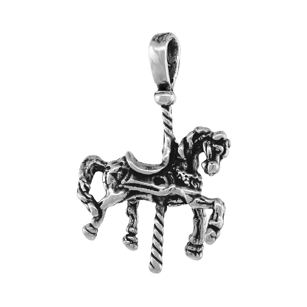 STERLING SILVER CAROUSEL HORSE PENDANT ANTIQUED FINISH 1 INCH