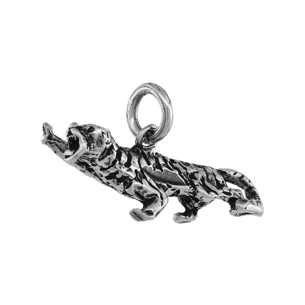 STERLING SILVER TIGER NECKLACE ANTIQUED FINISH SMALL, 1 INCH LONG, 16 - 30 INCH 0.8MM BOX CHAIN