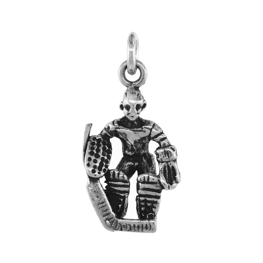 STERLING SILVER HOCKEY GOALIE PENDANT ANTIQUED FINISH 7/8 INCH