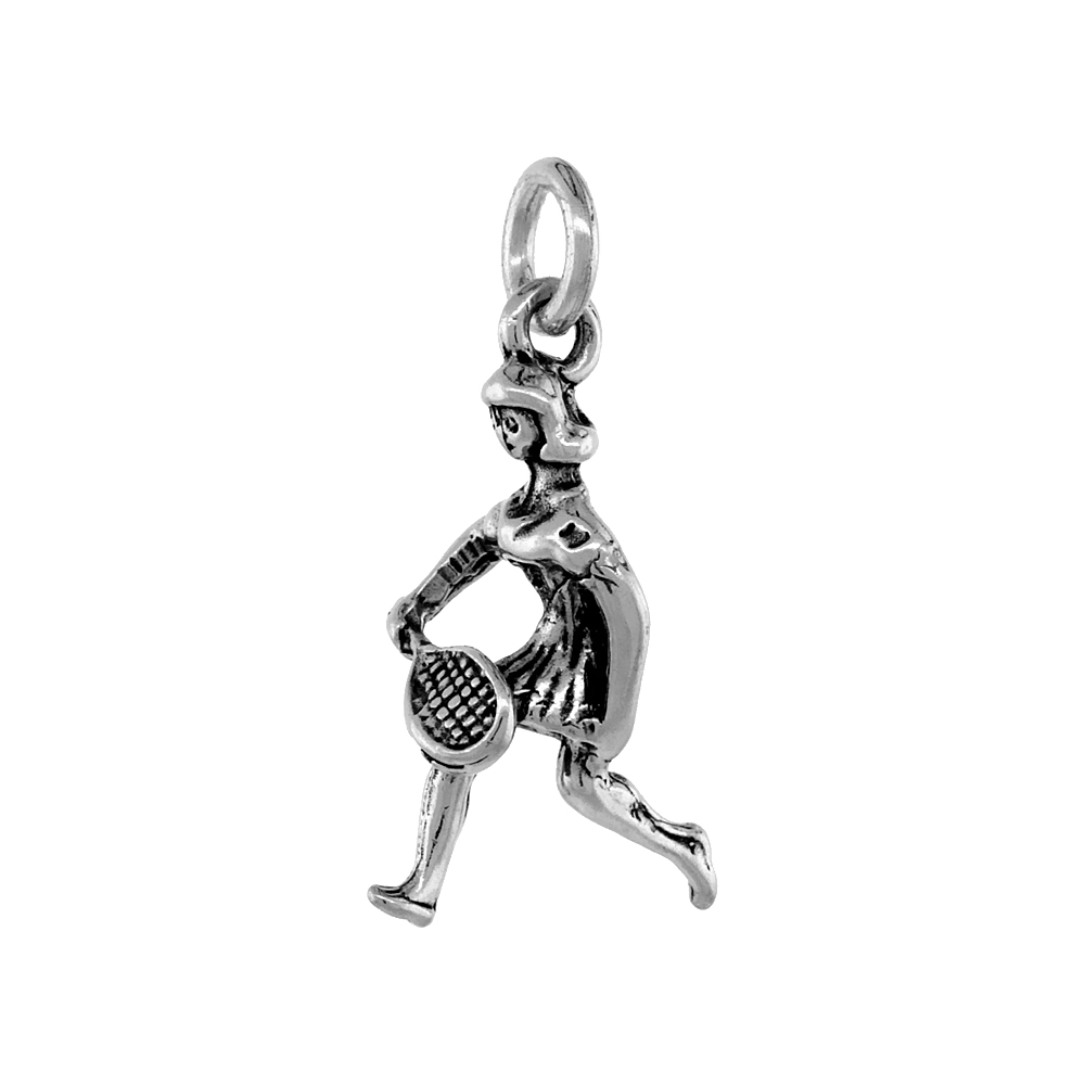 STERLING SILVER WOMAN TENNIS PLAYER PENDANT ANTIQUED FINISH 1 INCH