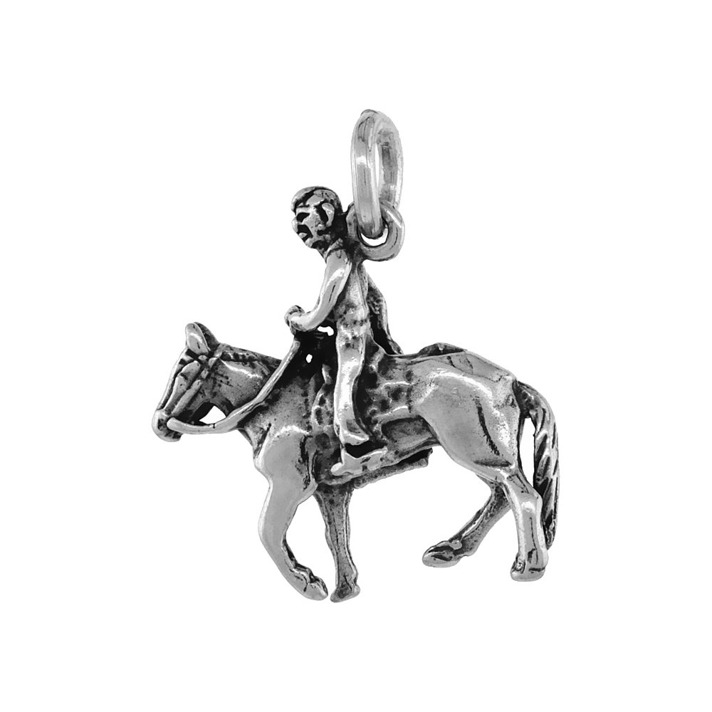 STERLING SILVER HORSE & RIDER NECKLACE ANTIQUED FINISH 7/8 INCH, 16 - 30 INCH 1 MM BOX CHAIN