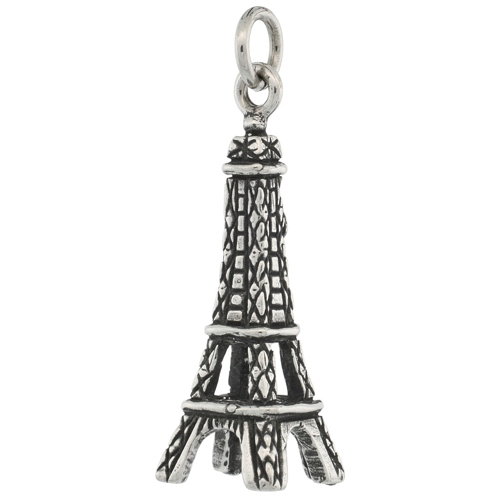 STERLING SILVER EIFFEL TOWER PENDANT 3-D ANTIQUED FINISH 1 1/8 INCH TALL