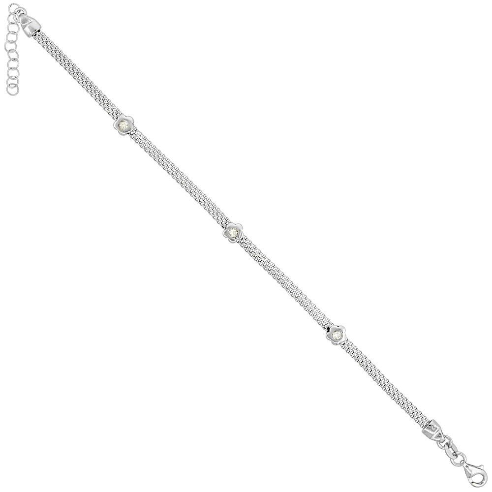 STERLING SILVER MESH BRACELET FLOWER CZ ACCENT RHODIUM FINISH, 7 INCHES LONG WITH 1 INCH EXTENSION