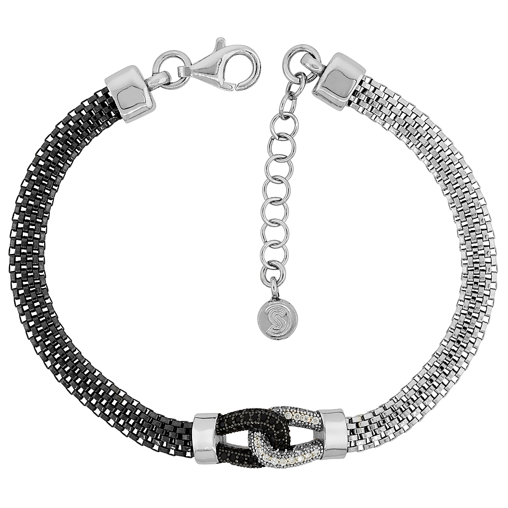 STERLING SILVER MESH LOVE KNOT BRACELET CZ ACCENT TWO-TONE RHODIUM FINISH, 7 INCH LONG + 1 INCH EXTENSION