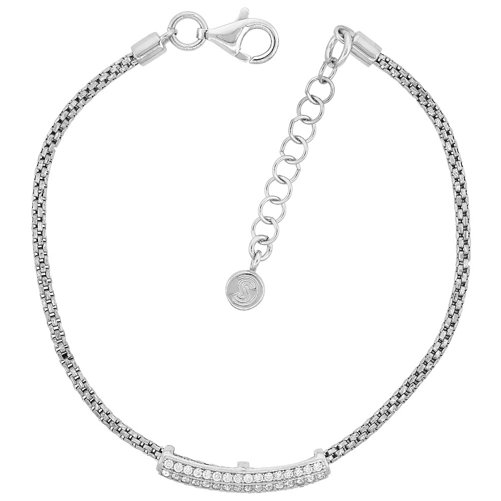 STERLING SILVER MESH BRACELET CZ ACCENT PAVE RHODIUM FINISH, 7 INCH LONG + 1 INCH EXTENSION