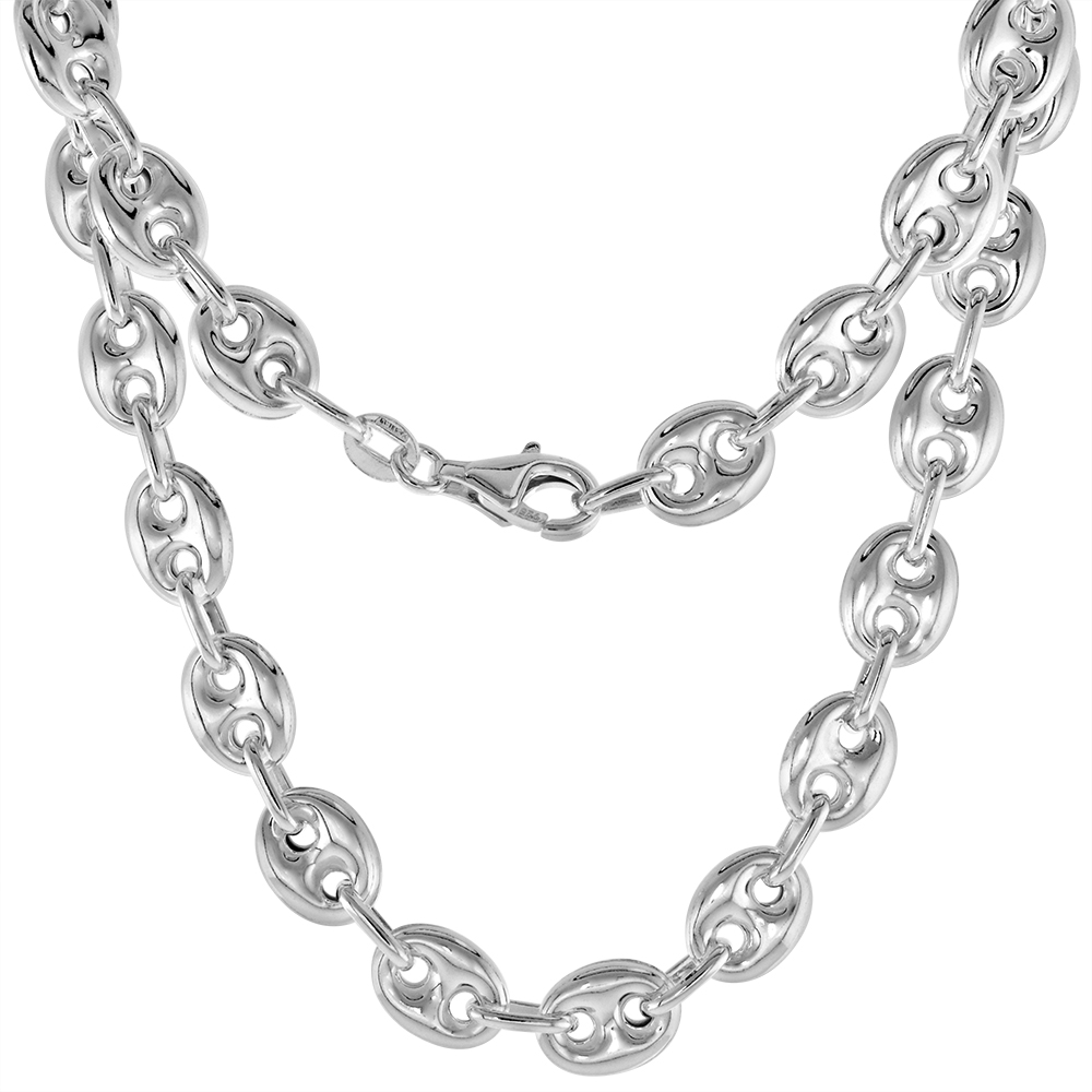 8mm Sterling Silver Puffed Mariner Chain Necklaces &amp; Bracelets Nickel Free Italy