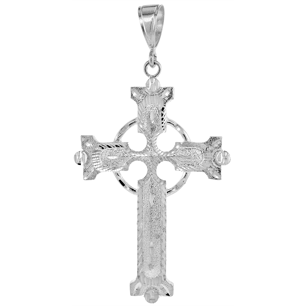 3 1/2 INCH LARGE STERLING SILVER CELTIC CROSS PENDANT FOR MEN DIAMOND CUT FINISH