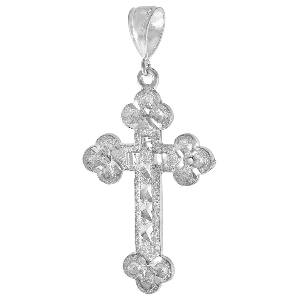 2 5/16 INCH LARGE STERLING SILVER BUDDED CROSS PENDANT FOR MEN DIAMOND CUT FINISH