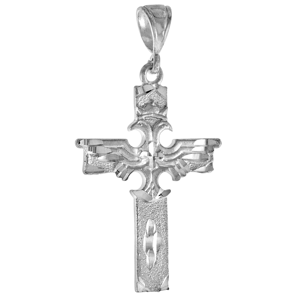 1 3/4 INCH LARGE STERLING SILVER DOUBLE HEADED EAGLE CROSS PENDANT FOR MEN DIAMOND CUT FINISH
