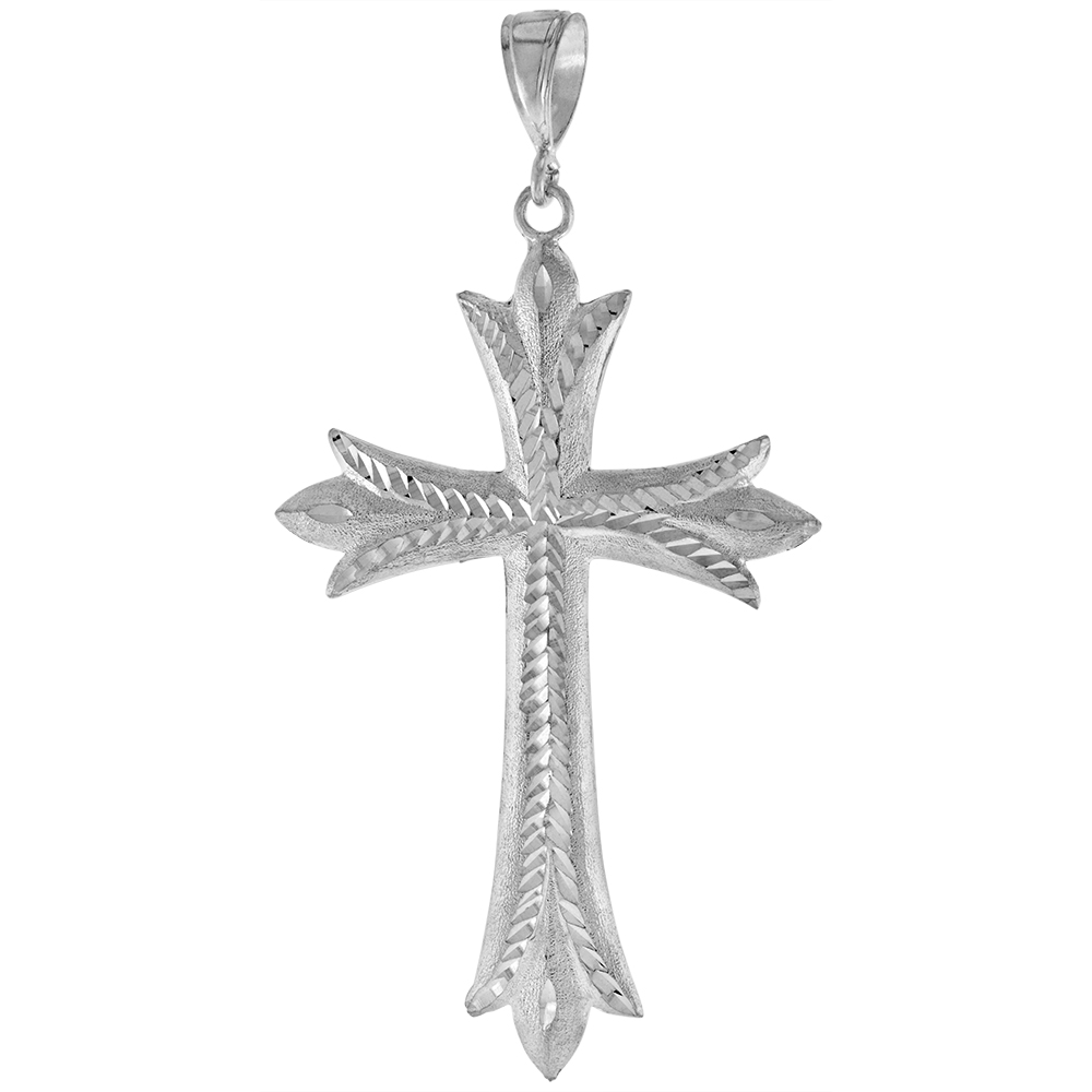 4 5/16 INCH LARGE STERLING SILVER FLEURY CROSS PENDANT FOR MEN DIAMOND CUT FINISH