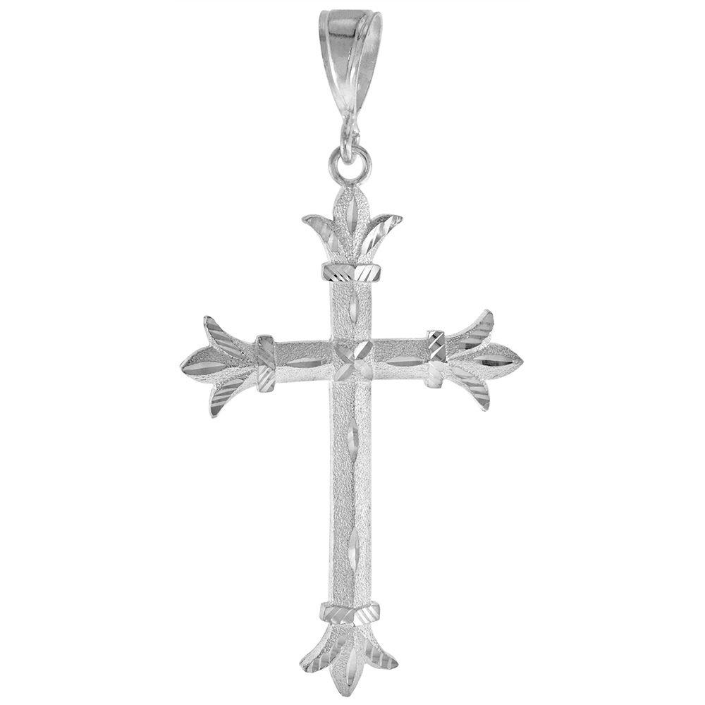 3 1/2 INCH LARGE STERLING SILVER FLEURY CROSS PENDANT FOR MEN DIAMOND CUT FINISH