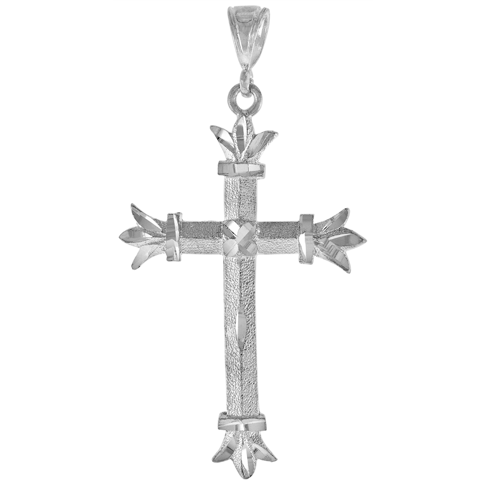 2 5/16 INCH LARGE STERLING SILVER FLEURY CROSS PENDANT FOR MEN DIAMOND CUT FINISH