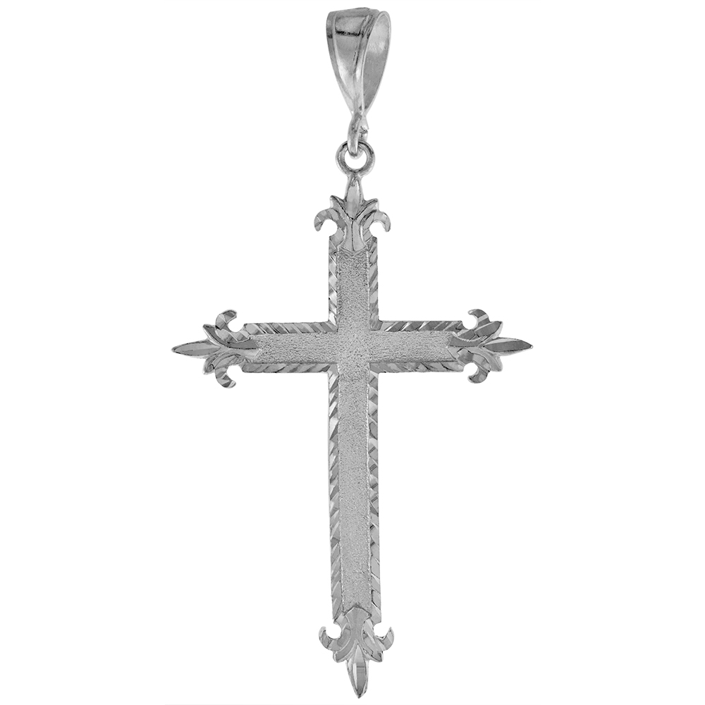 3 1/2 INCH LARGE STERLING SILVER FLEUR-DE-LIS CROSS PENDANT FOR MEN DIAMOND CUT FINISH