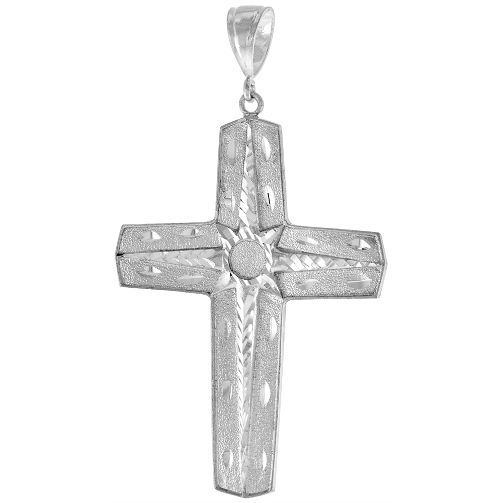 3 1/8 INCH LARGE STERLING SILVER CROSS PENDANT FOR MEN DIAMOND CUT FINISH