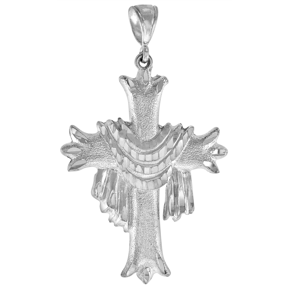 2 3/16 INCH LARGE STERLING SILVER SHROUDED CROSS PENDANT FOR MEN DIAMOND CUT FINISH