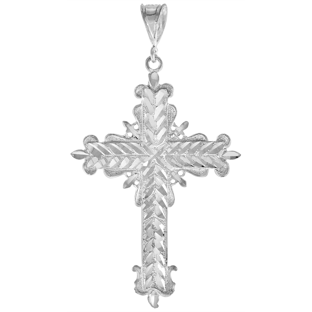 2 5/16 INCH LARGE STERLING SILVER CROSS PENDANT FOR MEN DIAMOND CUT FINISH