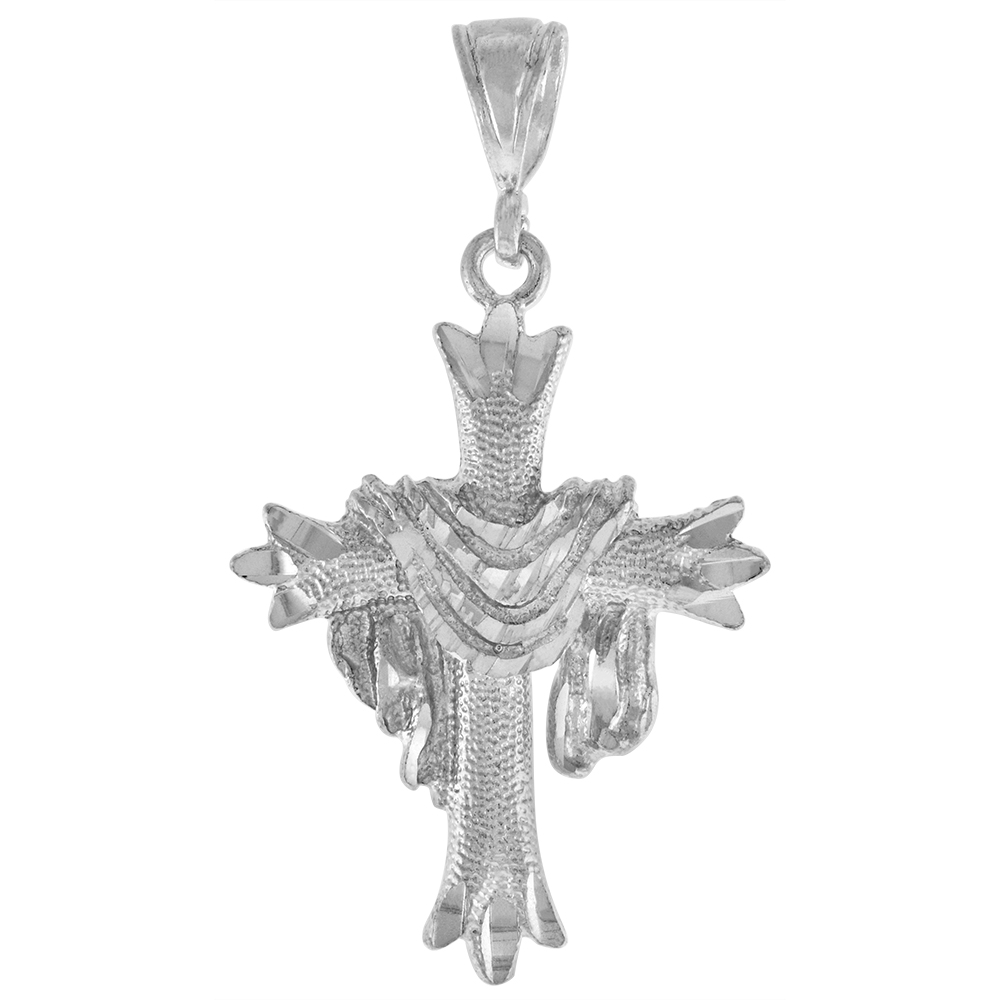 1 5/8 INCH LARGE STERLING SILVER SHROUDED CROSS PENDANT FOR MEN DIAMOND CUT FINISH